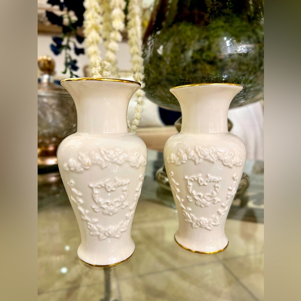 Vintage Bone Porcelain Embossed Floral Vases With Gold Trim (Pair)